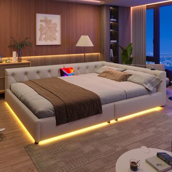 Sofá-cama Doble 140x200 Cm Con Somier De Lamas, Iluminación Ambiental Led Con Control Remoto, Acolchado Con Botones, Usb Type-c, Lino Beige
