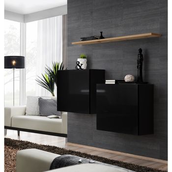Conjunto De Muebles De Salón Switch Sbi Diseño, Color Negro Brillante Y Estantería De Roble Wotan.