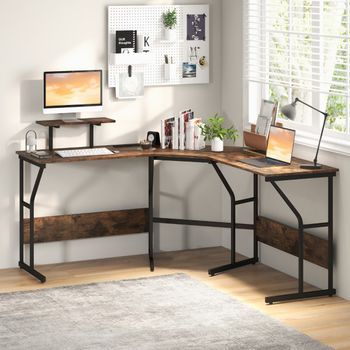 Escritorio Forma L Con Enchufe Corriente Soporte Monitor Móvil Estación Trabajo 2 Personas 225 Cm Marrón Cfw98750