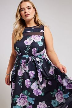 Yours London Vestido Azul Marino De Flores Sin Mangas, Mujer Curvy Y Tallas Grandes, Yours London