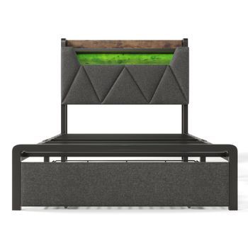 Cama Doble De 90x200 Cm, Acabado Capitoné, Usb C, Led, Mando A Distancia, App, Cabecero Con Almacenamiento, 2 Cajones, Estructura De Metal, Incluye Colchón, Color Gris