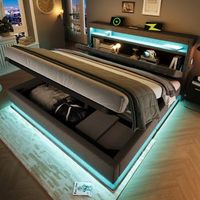cama tapizada gris de 180x200 cm con arcon hidraulico cabecero con almacenaje y luces led