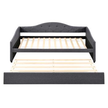 Sofá Cama 90x200cm + Cama Nido 90x190cm Acolchado En Tejido De Lino Gris (colchón No Incluido)