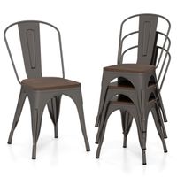 costway juego de 4 sillas de comedor de metal apilables con asiento de madera y respaldo alto desmontable marron oscuro