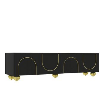 Mueble De Tv Bajo Con Puertas Texturizadas, Detalles Dorados Y Mecanismo De Apertura Por Presión, Color Negro