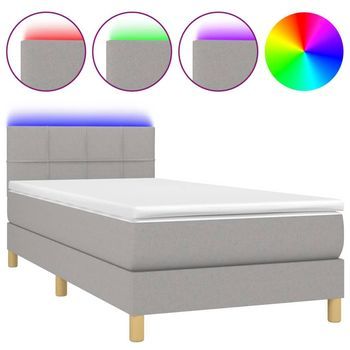 Cama Individual | Cama Box Spring | Cama Para Adultos Con Colchón Tela Y Led Gris Claro 80x200 Cm