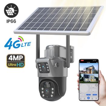 Cámara Solar PTZ Inalámbrica 4G de 4MP, Doble Lente, Doble Pantalla, Cámara IP para Exteriores, Panel Solar, Audio, PIR, Cámara de Vigilancia y Seguridad
