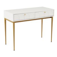 mesa de centro blanca con patas y cajones dorados