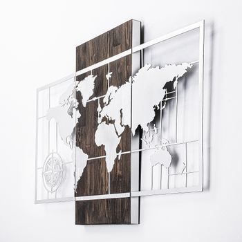 Decoración Pared De Madera Mapamundi Wıth Compass Plata Nogal 85x58 Cm