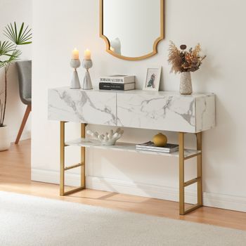 Mesa Consola Varberg Con 2 Cajones 75x120x30 Cm - Efecto Mármol Blanco [en.casa]