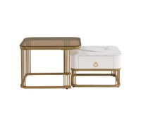 mesa de centro apilable - acabado alto brillo efecto marmol tablero de vidrio marron detalles dorados y cajones set de 2 piezas