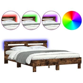 Cama Matrimonial | Cama Para Adultos | Estructura De Cama Cabecero Y Luces Led Roble Ahumado 140x190cm