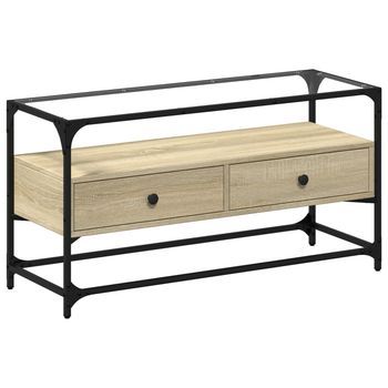 Mueble Tv Cristal Y Madera Ingeniería Roble Sonoma 98x35x51 Cm Vidaxl