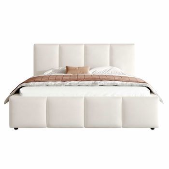 Cama Tapizada 180 X 200 Cm - Con Somier Y Cabecero Acolchado - Beige Chenilla
