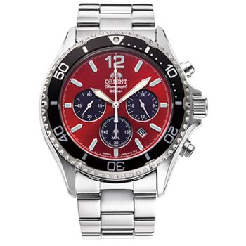 ​reloj cronógrafo hombre solar Orient Sports Chronograph Red Black Panda RA-TX0207R 42.8mm 200m WR cristal de zafiro correa de acero (funciona con energía solar o luz)