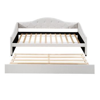 Sofá Cama 90x200cm + Cama Nido 90x190cm Acolchado En Tejido De Lino Beige (colchón No Incluido)