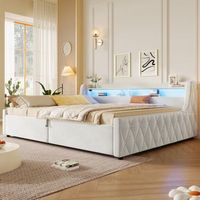 cama doble plataforma con cofre hidraulico e iluminacion led terciopelo 140x200 crema