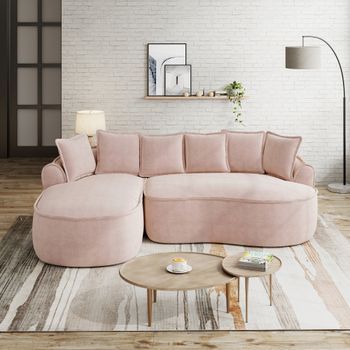 Sofá En L De Chenilla Rosa, 3 Plazas, Sin Marco, Con Chaise Longue