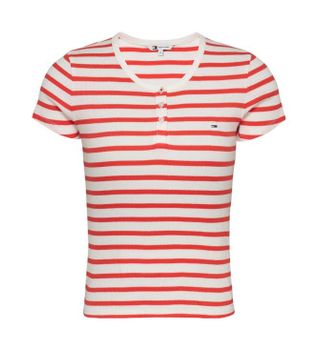Tommy Jeans para mujer. DW0DW19502 Camiseta de manga corta slim button rojo (M), Casual, Algodón Orgánico, Sostenible
