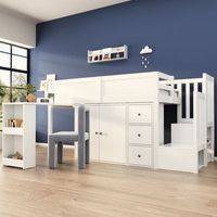 cama mezzanine infantil con escritorio retractil almacenamiento lateral armario cajon escalera con armario blanca 90x200
