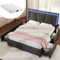 cama tapizada 140 x 200 cm con iluminacion led y 4 cajones - cabecero regulable - tela lino gris  colchon