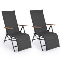 costway juego de 2 tumbonas plegables con respaldo ajustable 5 posiciones reposabrazos tejido transpirable para balcon jardin piscina 150kg negro