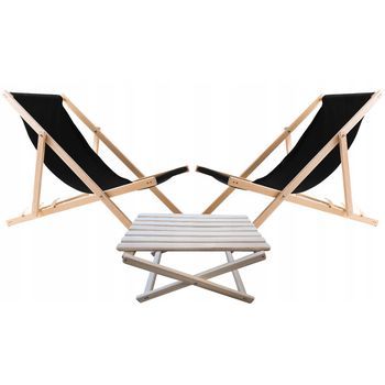 Woodok Conjunto De 2 Tumbonas De Playa, Color Negro | Incluida Mesa De Centro De Madera
