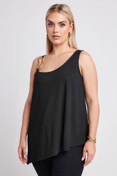 Limited Collection Top Negro Tirantes Asimétricos Con Detalle Metálico, Mujer Curvy Y Tallas Grandes, Limited Collection