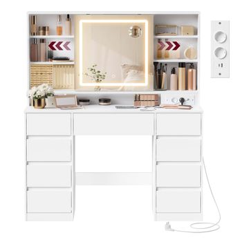 Tocador con espejo luz y almacenaje para maquillaje y accesorios, 9 Cajones