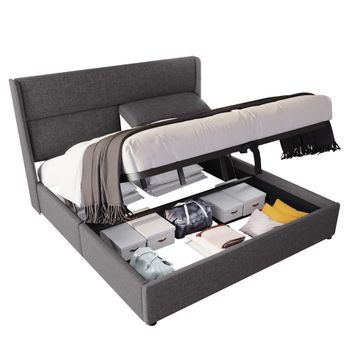 Cama Doble Tapizada, 180x200cm, Con Cabeceros Ajustables Y Almacenamiento Hidráulico, Color Gris.