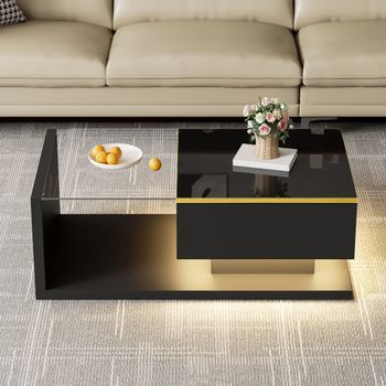 Mesa De Centro Negra Brillante De 90 X 50 Cm Con Cristal Templado E Iluminación Led