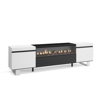 Mueble tv efecto madera blanco y negro 200x35x57 chimenea efecto fuego