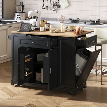 Isla De Cocina Con Ruedas Y Encimera Extensible, 131,8 × 40-70 × 93,3 Cm, Negra