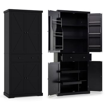 Costway Armario Despensa Cocina 184cm 4 Estantes Ajustables Cajón Grande 6 Puertas 2 Bandejas Negro