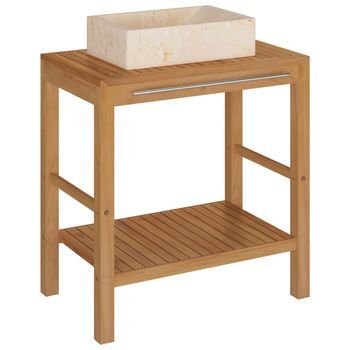 Mueble Tocador Madera Teca Maciza Con Lavabo De Mármol Crema Vidaxl