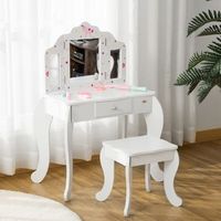tocador infantil de madera con taburete espejo y cajon rosa homcom