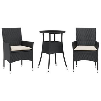 Set Comedor Jardín 3 Uds | Mueble Jardin Mesa Y Sillas Cojines Ratán Sintético Vidrio Negro