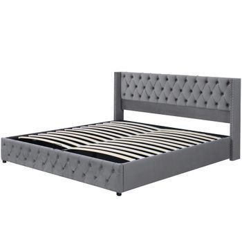 Cama Tapizada Gris 140 X 190 Cm Con Arcón Hidráulico Y Doble Fila De Tachuelas