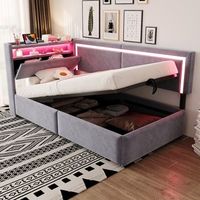 cama sofa tapizada individual con led puertos usb almacenamiento hidraulico bajo la cama y cabecero abatible terciopelo gris claro 90x200 cm