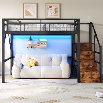 Litera De 140x200, Metálica, Con Led, Escaleras Con Espacio De Almacenamiento, Espacio Libre Para Cambiarse, Negra, Sin Colchón.