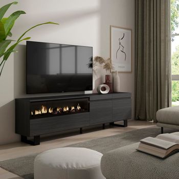 Mueble tv efecto madera negro 200x35x57cm chimenea efecto fuego