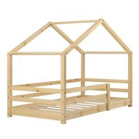 cama-cabina para ninos en forma de casita con barrera de seguridad en madera de pino natural 90 x 200 cm 030005528
