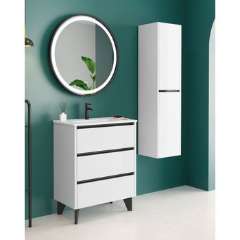 Mueble De Baño Al Suelo Con Lavabo Cerámico | 3 Cajones Con Cierre Amortiguado Y Organizador | 80 Cm - Blanco Brillo - Negro