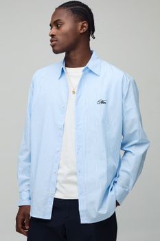 Camisa Man Súper Oversize De Manga Larga Con Bordado De Rayas, Azul