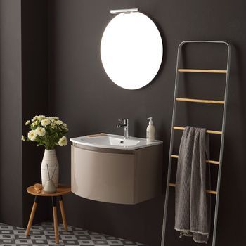 Mueble De Baño Suspendido De 60cm Con Cajones Color Capuchino Brillante Y Espejo Redondo Con Lámpara | Riva