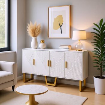 Mueble de baño blanco y dorado con 4 puertas