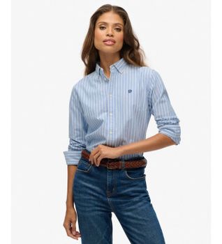 Superdry para mujer. W4010565A Camisa Slim Oxford azul (S), Casual, Algodón, Clásico, Manga larga