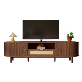 Mueble Para Tv Con Puertas Curvas Y Compartimentos Abiertos, Fabricado En Mdf Y Nogal (175x36x51cm).