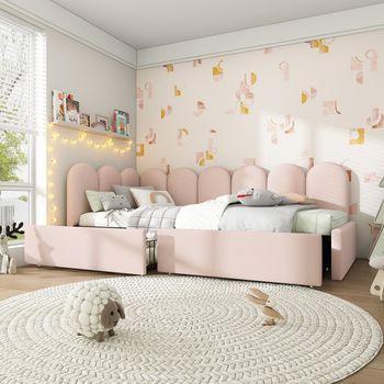 Cama Tapizada Simple Sofá 90x190 Cm, Cajones/almacenamiento, Terciopelo Rosa, Somier Lamas, Niños/adultos, Sin Colchón