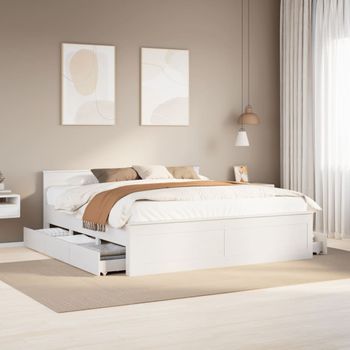 Cama De Matrimonio | Cama De Adulto | Cama Sin Colchón Con Cabecero Madera De Pino Blanco 200x200 Cm Cfw325414